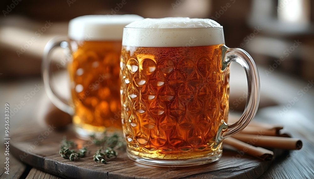 two glasses of beer on a table. two glasses of beer on a table.