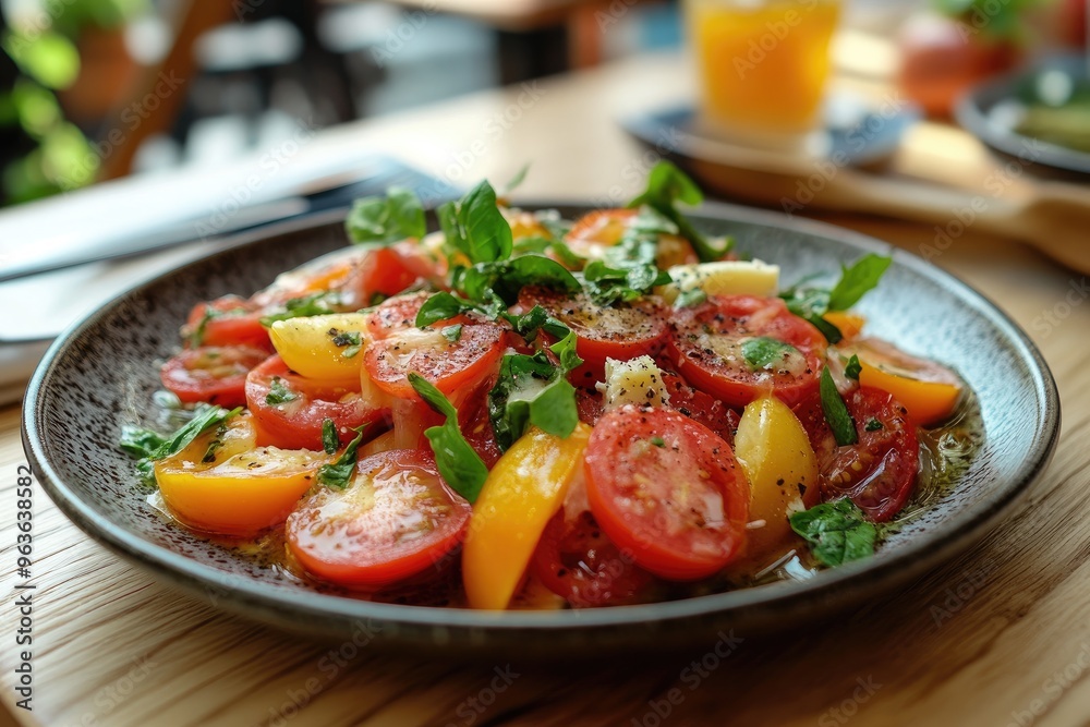 Fresh Colorful Tomato Salad with Basil and Olive Oil on Rustic Plate Fresh Colorful Tomato Salad with Basil and Olive Oil on Rustic Plate