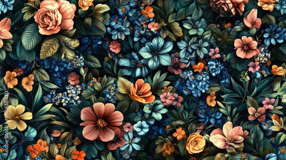 Fototapeta premium A colorful floral pattern with a blue background. The flowers are in various shades of pink, yellow, and blue