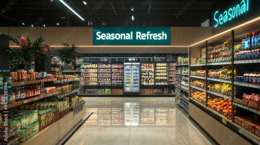 Fototapeta premium Modern Grocery Store Interior with Seasonal Refresh Sign and Products on Shelves