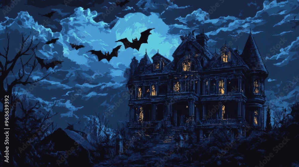 Pixelated bats flying over a haunted mansion, Retro 8-bit, Halloween night Pixelated bats flying over a haunted mansion, Retro 8-bit, Halloween night