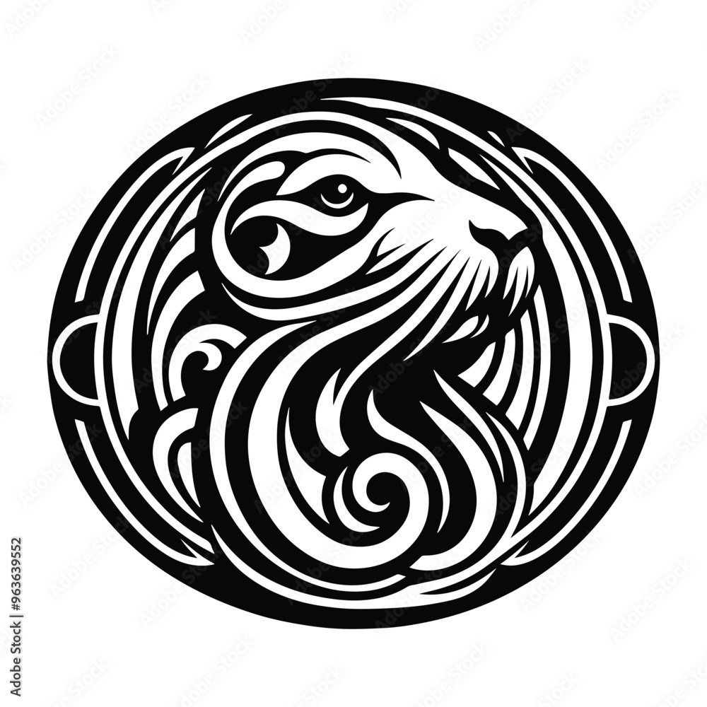 Seal with art nouveau decoration, stencil logo, black and white animal illustration Seal with art nouveau decoration, stencil logo, black and white animal illustration