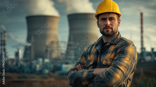 Nuclear industry worker against the background of a nuclear power plant, physicist, employee portrait, man, pipes, technology, equipment, science, scientist, uniform, helmet, builder, engineer