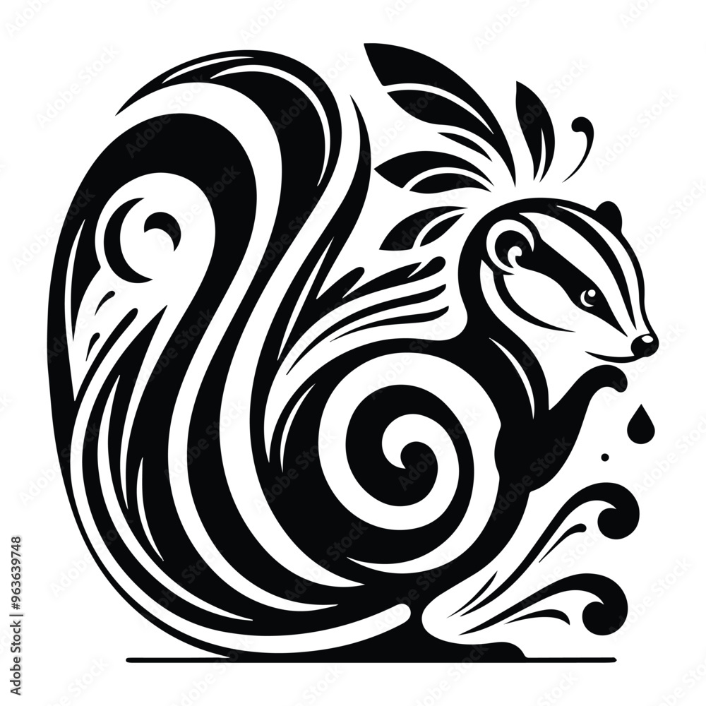 Skunk with art nouveau decoration, stencil logo, black and white animal illustration Skunk with art nouveau decoration, stencil logo, black and white animal illustration
