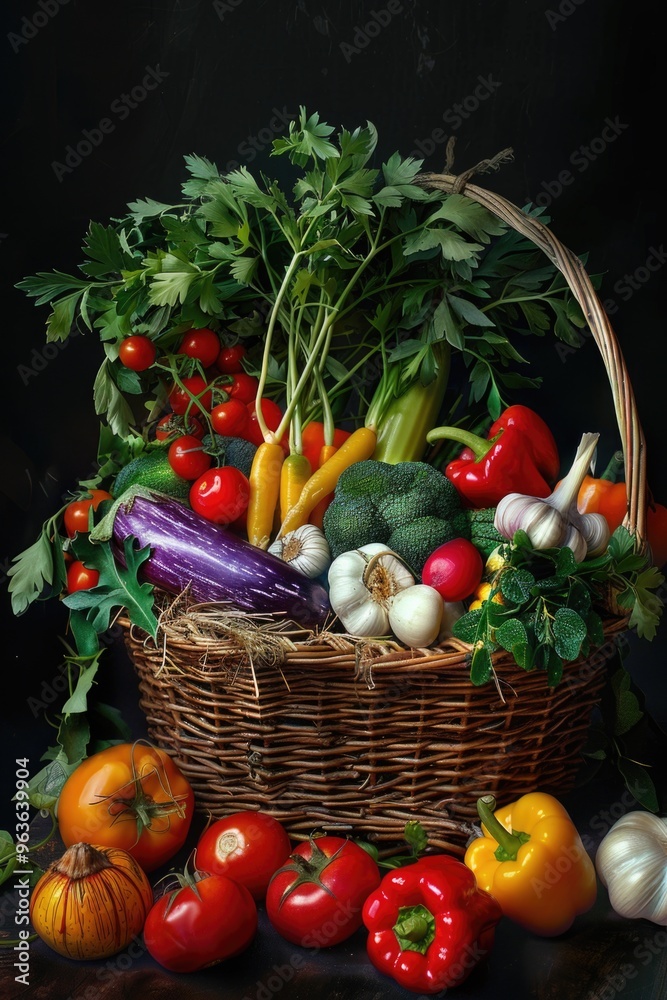 A basket of vegetables including tomatoes, broccoli, and peppers. The basket is full of fresh produce and is arranged in a way that highlights the colors and textures of the vegetables A basket of vegetables including tomatoes, broccoli, and peppers. The basket is full of fresh produce and is arranged in a way that highlights the colors and textures of the vegetables