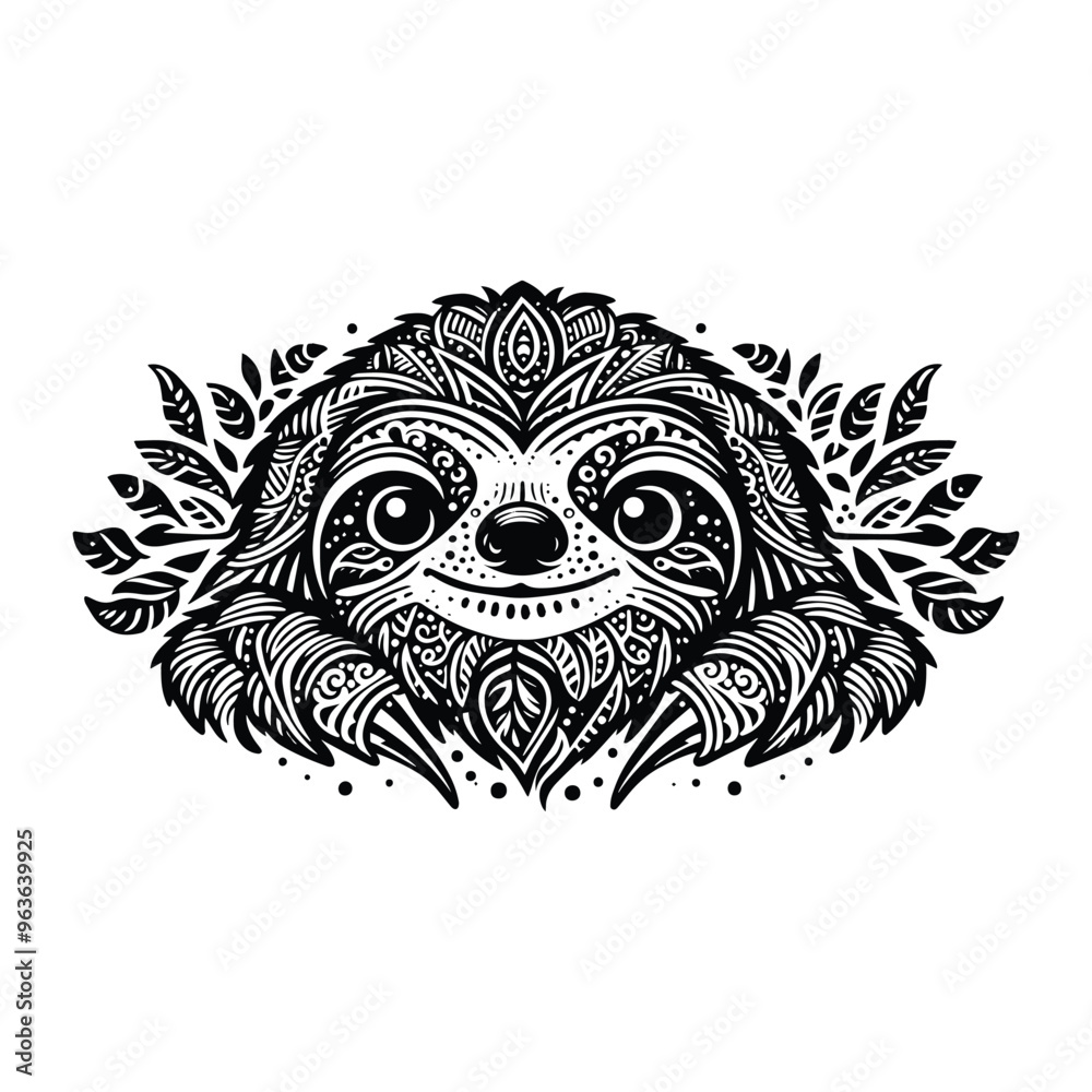 Fototapeta premium Sloth in zentangle art, stencil logo, black and white animal illustration