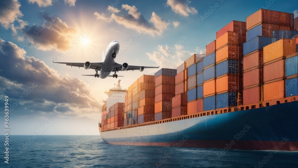 Naklejka premium Cargo plane flying over container ship at sunset delivering goods