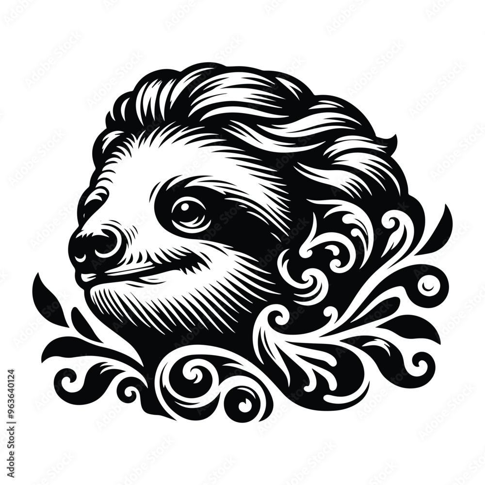 Fototapeta premium Sloth with victorian flourish decoration, stencil logo, black and white animal illustration