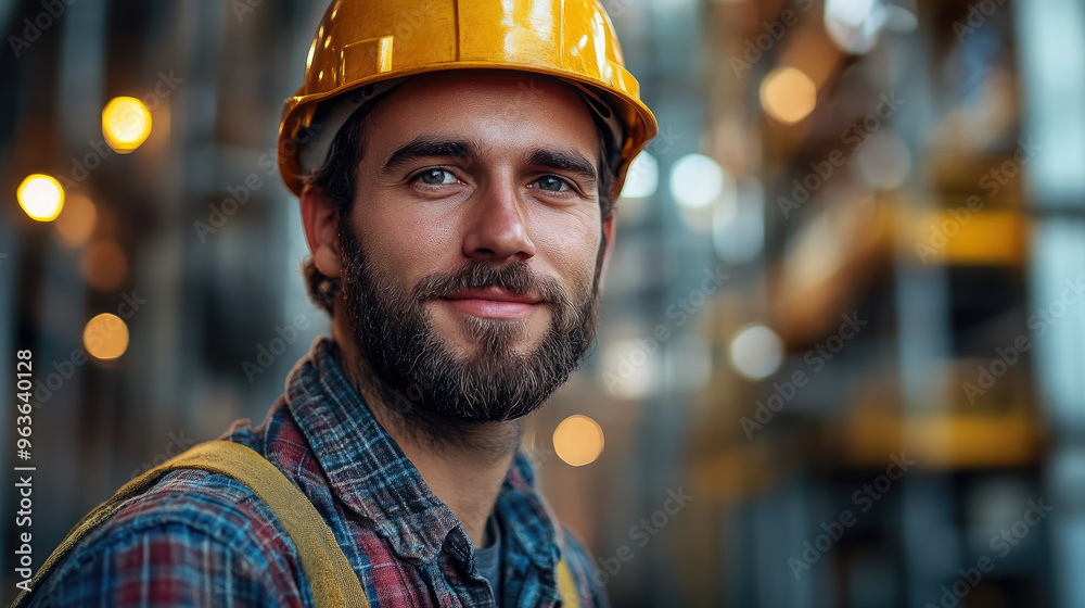 Nuclear industry worker against the background of a nuclear power plant, physicist, employee portrait, man, pipes, technology, equipment, science, scientist, uniform, helmet, builder, engineer
