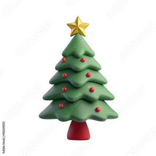 A colorful, festive Christmas tree adorned with red ornaments and a golden star, perfect for holiday-themed designs. 3d render