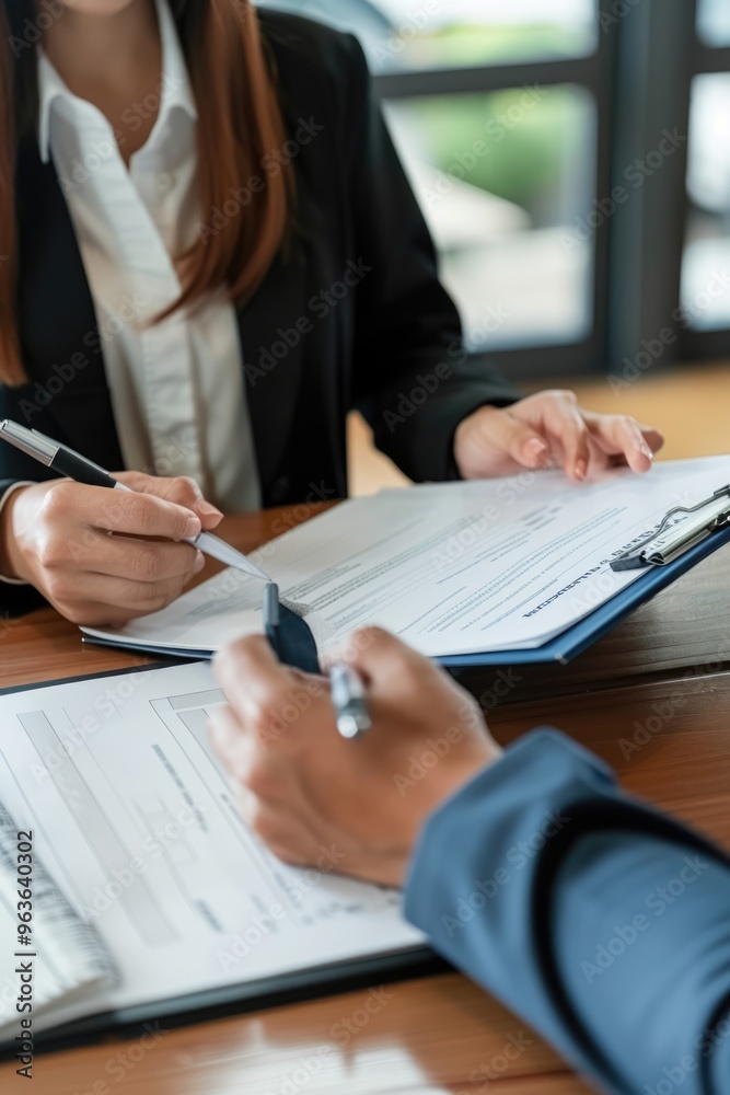 Two women are sitting at a table with papers in front of them. One of them is holding a pen and the other is holding a clipboard. They seem to be discussing something important Two women are sitting at a table with papers in front of them. One of them is holding a pen and the other is holding a clipboard. They seem to be discussing something important