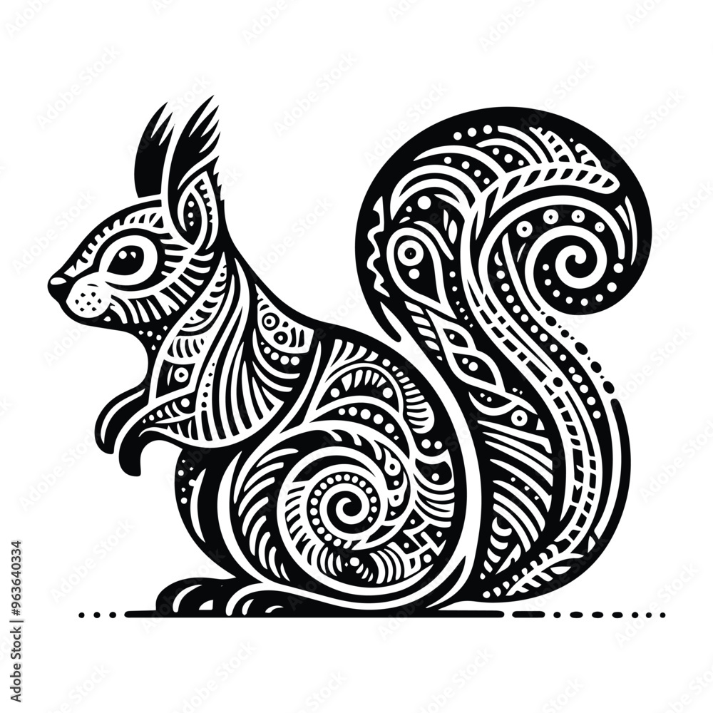 Squirrel in zentangle art, stencil logo, black and white animal illustration