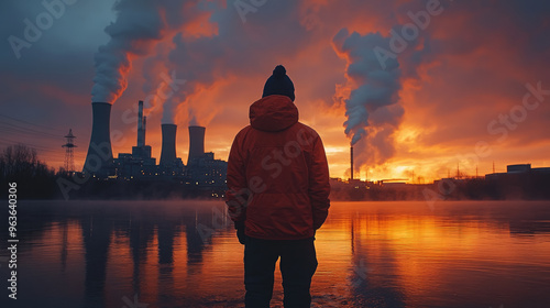 Nuclear industry worker against the background of a nuclear power plant, physicist, employee portrait, man, pipes, technology, equipment, science, scientist, uniform, helmet, builder, engineer