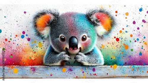   Koala painted with vibrant splatters on its face and neck photo