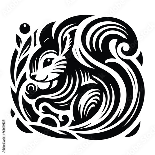 Wallpaper Mural Squirrel with art nouveau decoration, stencil logo, black and white animal illustration Torontodigital.ca