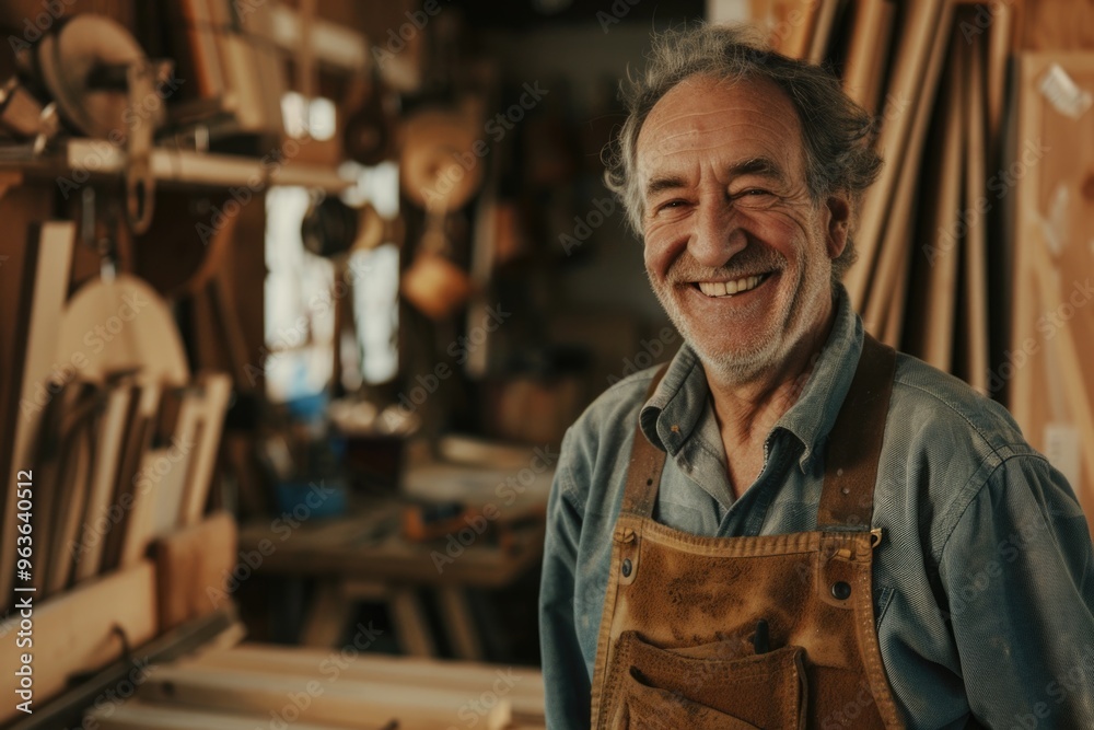 A man with a big smile on his face is standing in a wood shop. He is wearing a blue shirt and a brown apron A man with a big smile on his face is standing in a wood shop. He is wearing a blue shirt and a brown apron