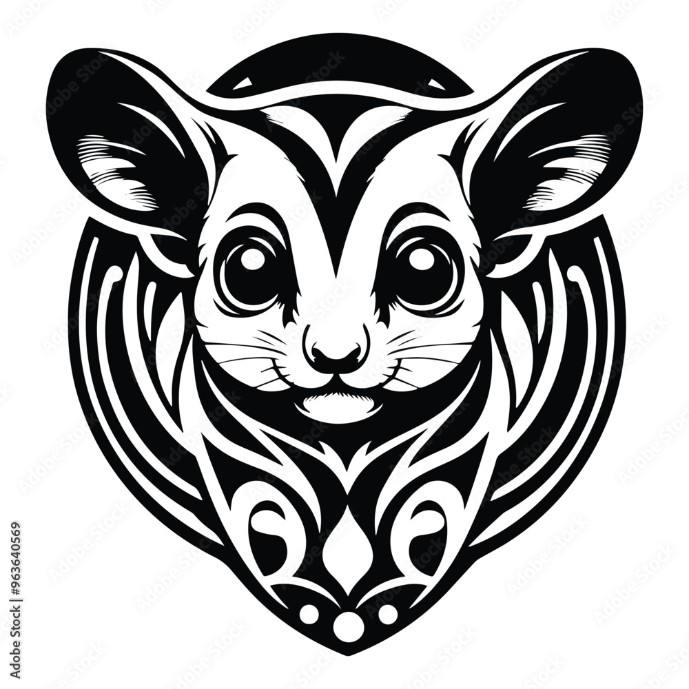 Obraz premium Sugar glider with art nouveau decoration, stencil logo, black and white animal illustration