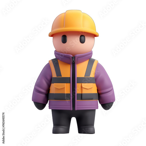 A cute cartoon construction worker in safety gear, featuring a bright helmet and jacket, perfect for playful visuals. 3d