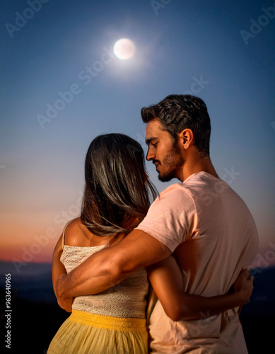 Pareja de enamorados abrazados en un anochecer mirando la luna. photo