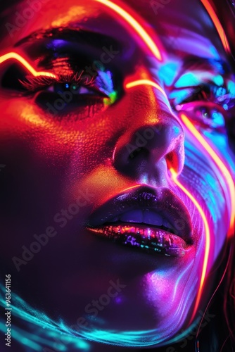 A woman's face is lit up in neon colors, creating a striking and eye-catching effect. Concept of energy and excitement, as if the woman is a vibrant and dynamic presence