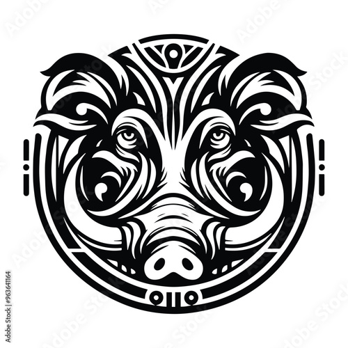 Warthog with art nouveau decoration, stencil logo, black and white animal illustration