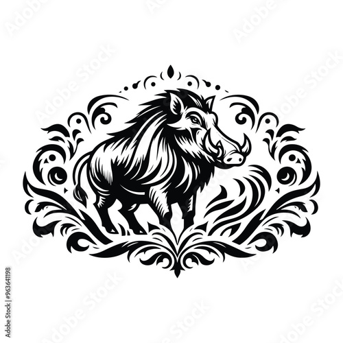 Wallpaper Mural Warthog with victorian flourish decoration, stencil logo, black and white animal illustration Torontodigital.ca