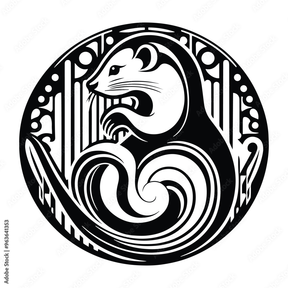 Weasel with art nouveau decoration, stencil logo, black and white animal illustration Weasel with art nouveau decoration, stencil logo, black and white animal illustration