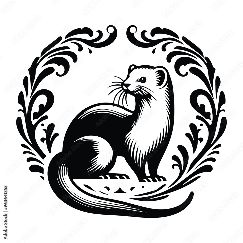 Weasel with victorian flourish decoration, stencil logo, black and white animal illustration