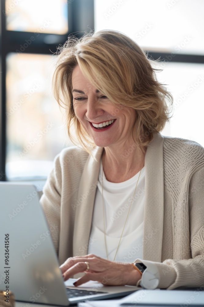 A woman is smiling and laughing while using a laptop. She is wearing a white shirt and a beige jacket A woman is smiling and laughing while using a laptop. She is wearing a white shirt and a beige jacket