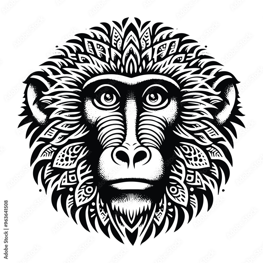 Fototapeta premium baboon monkey in zentangle art, stencil logo, black and white animal illustration