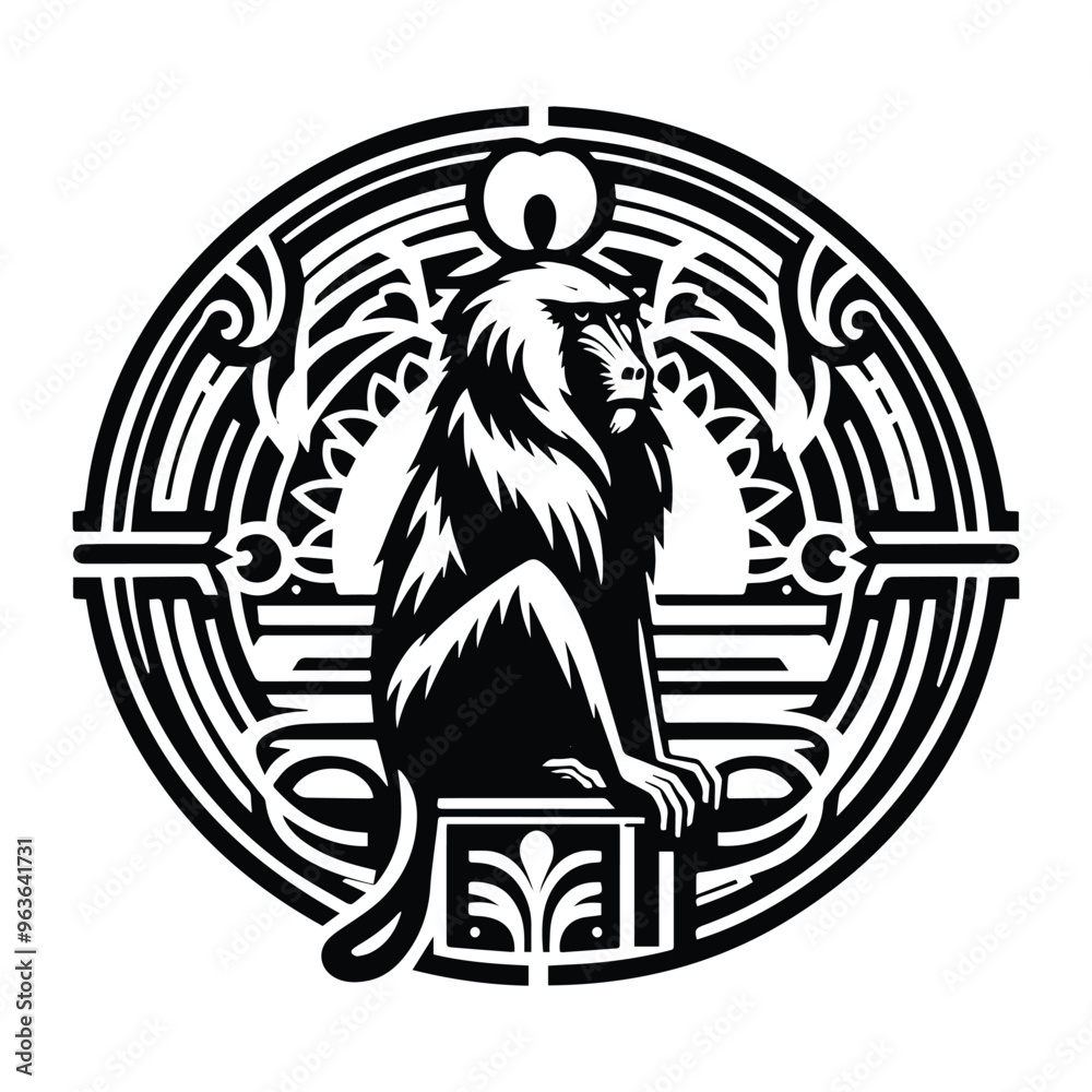 baboon monkey with art nouveau decoration, stencil logo, black and white animal illustration baboon monkey with art nouveau decoration, stencil logo, black and white animal illustration