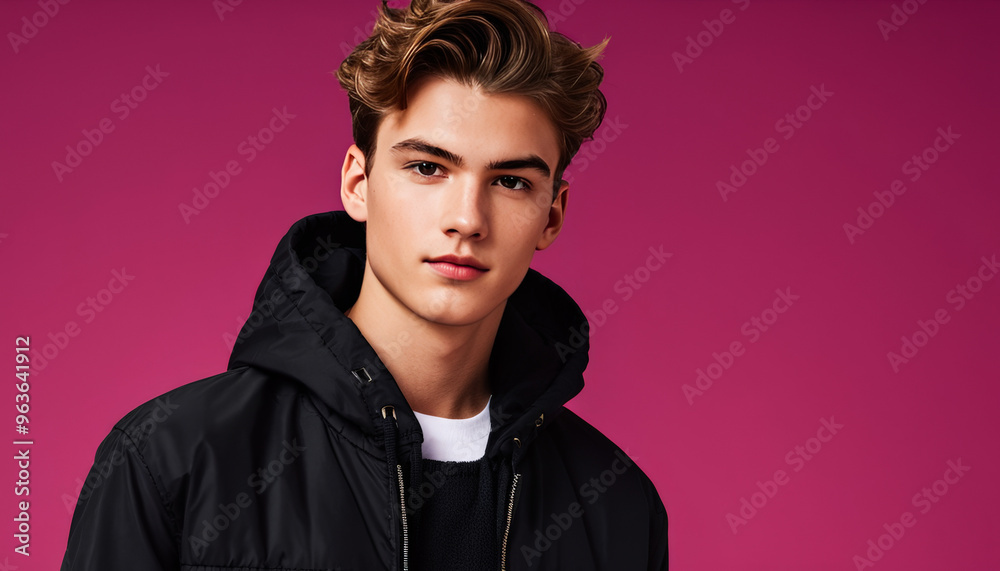 Fototapeta premium Young Caucasian man in a black jacket poses confidently against a vibrant pink background for fashion-focused promotions
