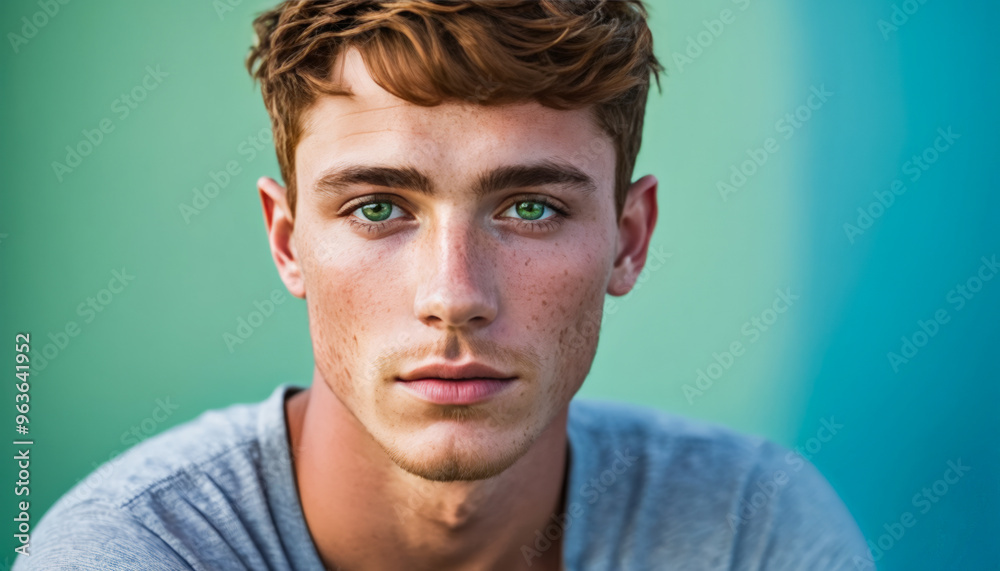 Portrait of a young Caucasian man with red hair and green eyes, concept of youth and confidence Portrait of a young Caucasian man with red hair and green eyes, concept of youth and confidence
