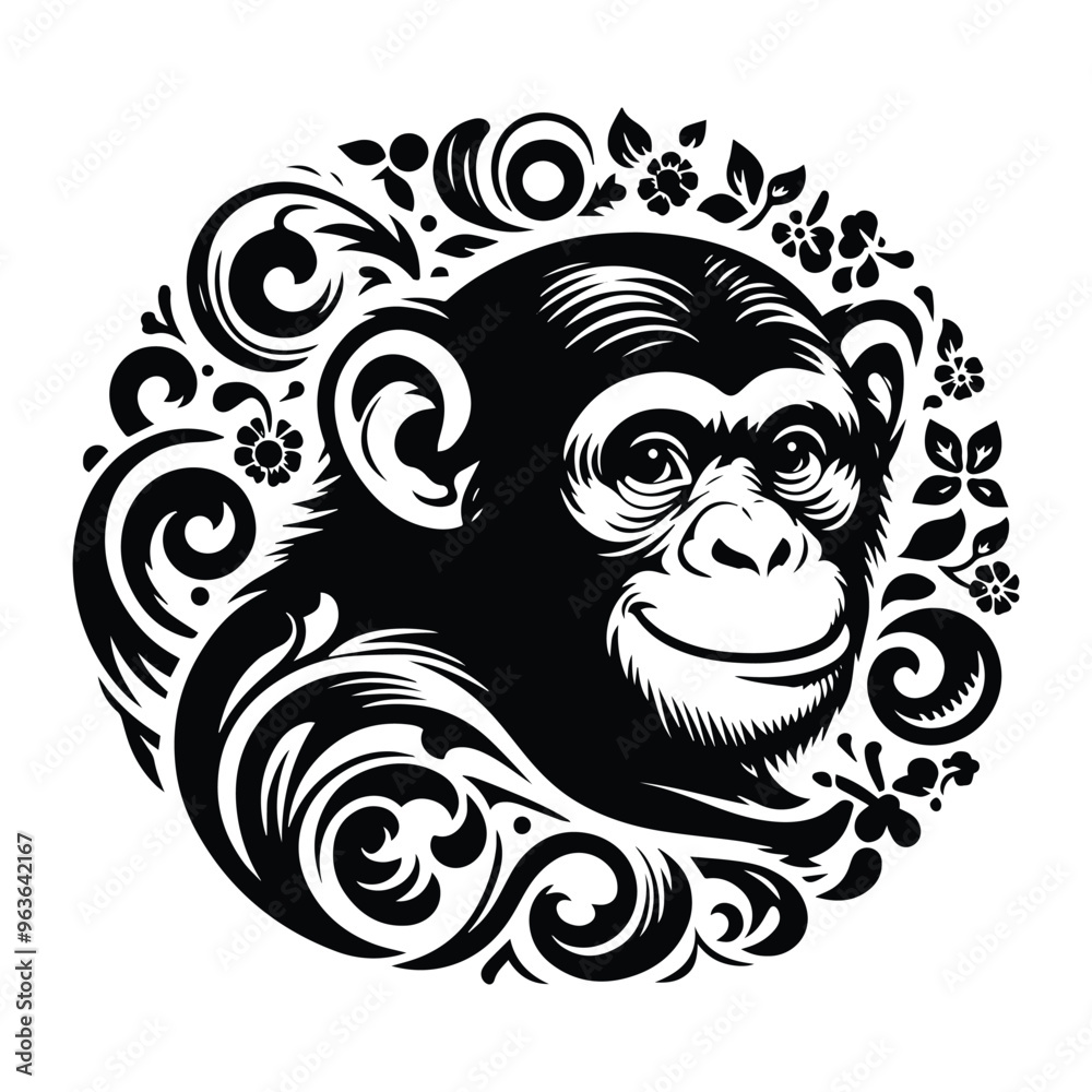 Obraz premium Chimpanzee monkey with victorian flourish decoration, stencil logo, black and white animal illustration