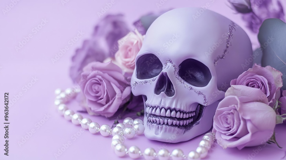 Soft pastel skull with roses and pearls, set against a lavender background, Halloween elegant