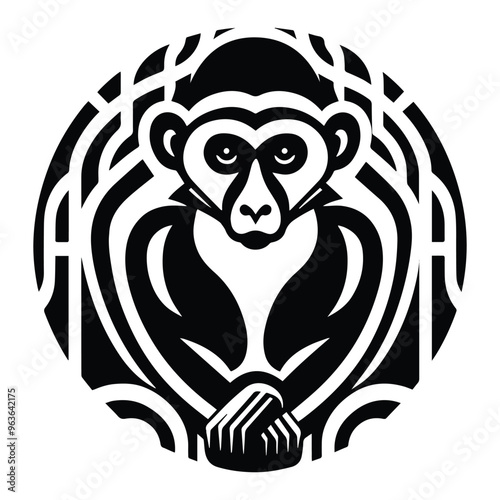 Colobus monkey with art deco decoration, stencil logo, black and white animal illustration