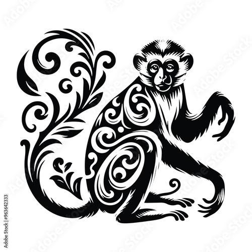 Colobus monkey with victorian flourish decoration, stencil logo, black and white animal illustration