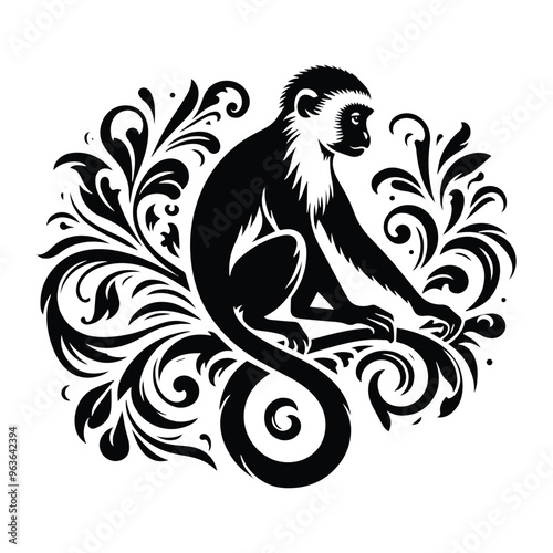 Colobus monkey with victorian flourish decoration, stencil logo, black and white animal illustration