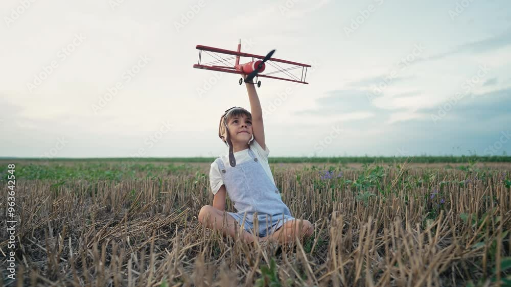 Smiling interested 5 years old child boy playing with wooden airplane, discovering future profession interest, dreamer kid flying, traveling on summer field. Creative dream, fantasy, childhood Smiling interested 5 years old child boy playing with wooden airplane, discovering future profession interest, dreamer kid flying, traveling on summer field. Creative dream, fantasy, childhood