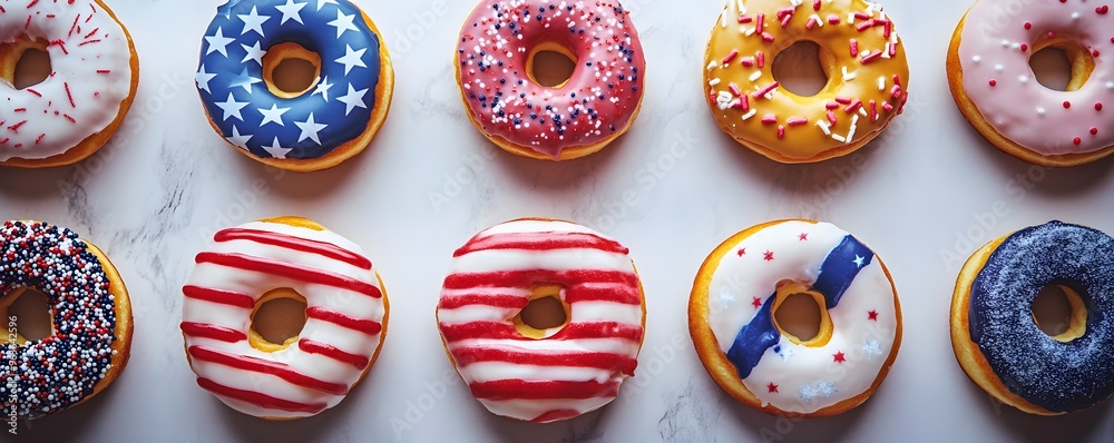 Patriotic Glazed Donuts with Various Toppings on White Marble Patriotic Glazed Donuts with Various Toppings on White Marble
