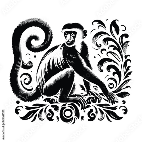 Colobus monkey with victorian flourish decoration, stencil logo, black and white animal illustration