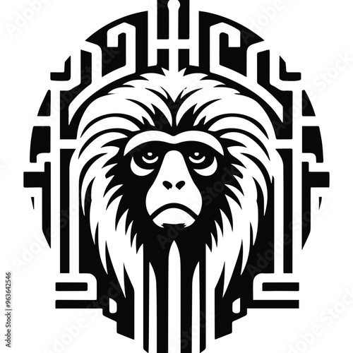 galada monkey with art deco decoration, stencil logo, black and white animal illustration