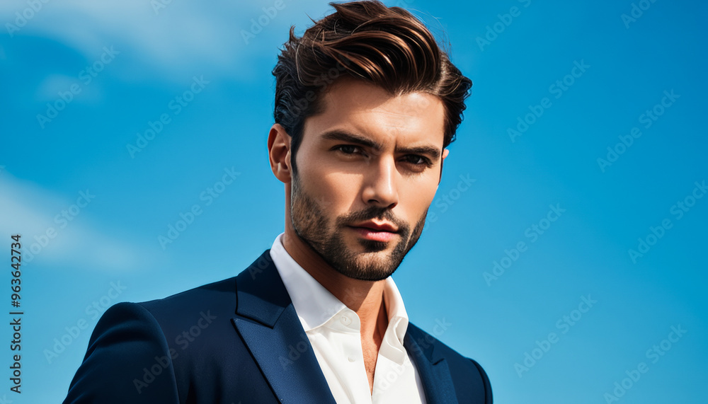 Stylish Caucasian man in formal attire exudes confidence under a clear blue sky, ideal for corporate leadership or fashion concepts Stylish Caucasian man in formal attire exudes confidence under a clear blue sky, ideal for corporate leadership or fashion concepts