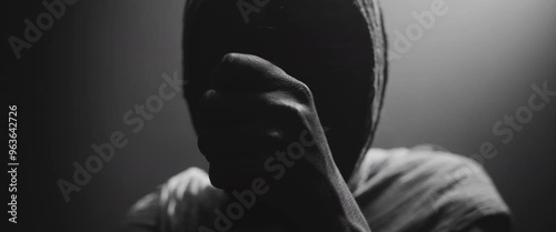 A mummy of a woman holds a walking stick on the dark background