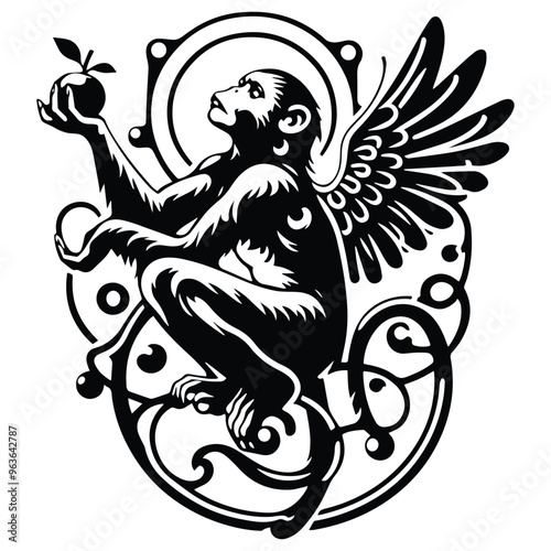galada monkey with art nouveau decoration, stencil logo, black and white animal illustration