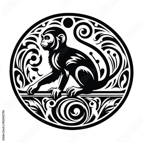 Wallpaper Mural galada monkey with art nouveau decoration, stencil logo, black and white animal illustration Torontodigital.ca