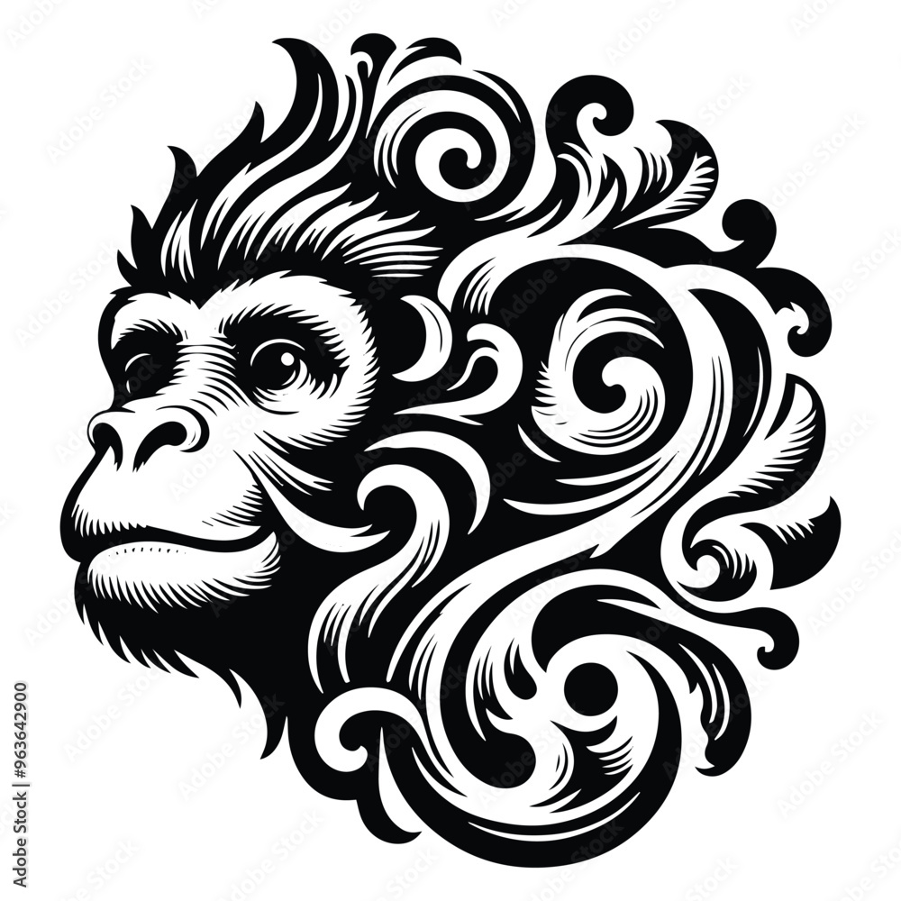 Fototapeta premium galada monkey with victorian flourish decoration, stencil logo, black and white animal illustration