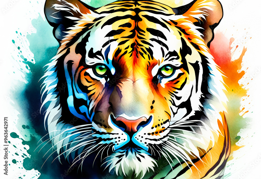 Vibrant watercolor painting of a tiger symbolizing strength, courage, and conservation awareness, perfect for Global Tiger Day celebrations Vibrant watercolor painting of a tiger symbolizing strength, courage, and conservation awareness, perfect for Global Tiger Day celebrations