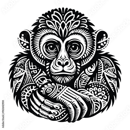 Gibbon monkey in zentangle art, stencil logo, black and white animal illustration