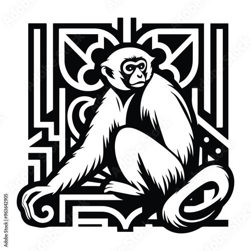 Gibbon monkey with art deco decoration, stencil logo, black and white animal illustration